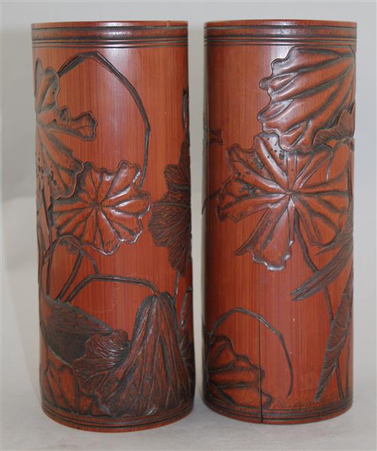 A pair of Chinese bamboo brush pots, 24cm